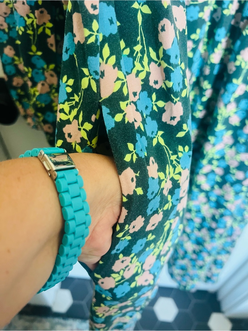 Boden Teal Floral Long Sleeve Midi Dress with Blue and Pink Blooms - Picture 2 of 4